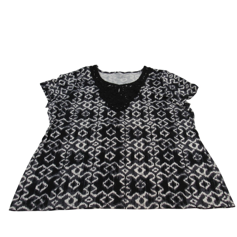 Charter‎ Club Womens Petite Black White Ikat Print Crochet Neck Top Size P/XL